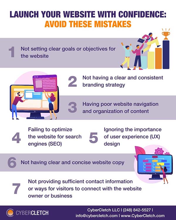 Launch Your Website with Confidence: Avoid these common website mistakes infographic (list of 7)