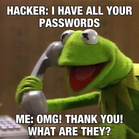 Creating strong passwords Meme: Kermit the frog on phone asking a hacker for his passwords