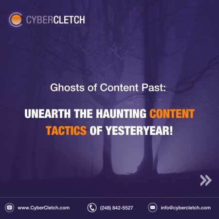 Content Makeover ideas. Spooky trees with floodlight at base and title "Ghosts of Content Past: Unearth the haunting content tactics of yesteryear!"