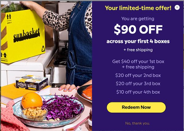 Holiday Marketing Ideas that boost online sales like Sunbasket's bundle deal that includes the image of a limited-time offer for a discount on their boxes and free shipping.