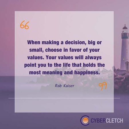 Quote by Rob Kaiser that says "When making a decision, big or small, choose in favor of your values. Your values will always point you to the life that holds the most meaning and happiness."