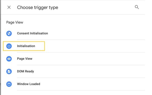 Google Tag Manager screenshot with a list of triggers to choose from.