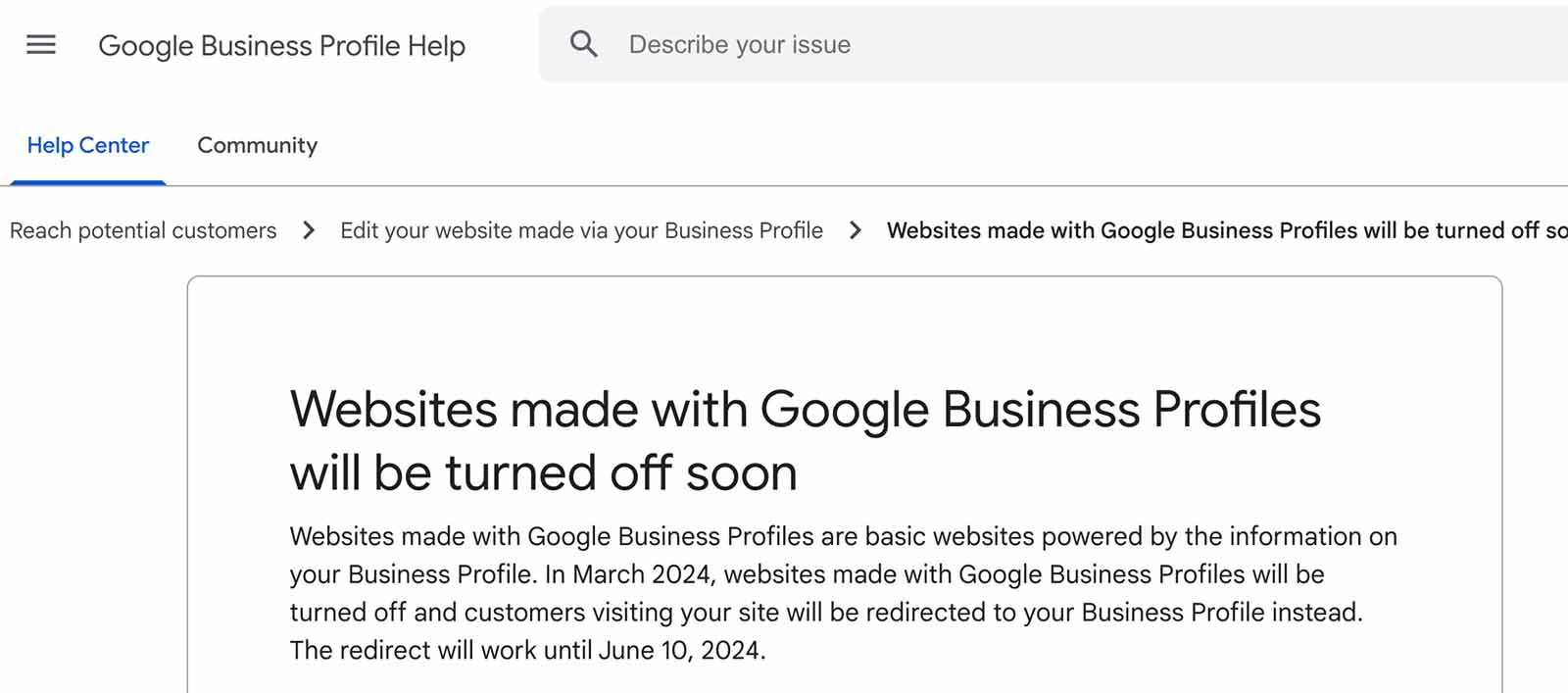 Screenshot of Google page that says, "Websites made with Google Business Profiles will be turned off soon"